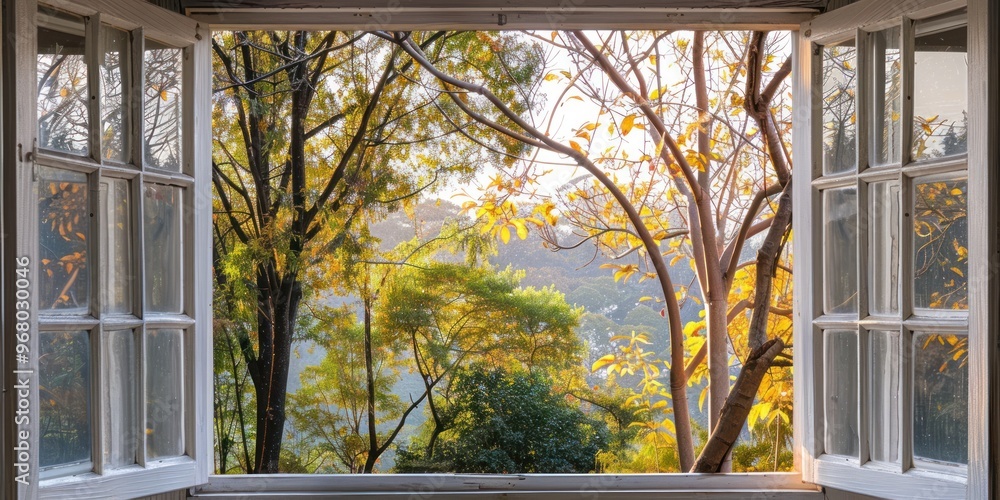 An open window overlooking a beautiful autumn forest, showcasing vibrant fall colors and a peaceful, natural landscape. An open window overlooking a beautiful autumn forest, showcasing vibrant fall colors and a peaceful, natural landscape.