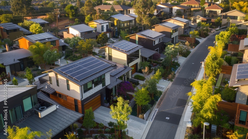 Fototapeta premium Eco-Friendly Residential Community with Solar Panels and Sustainable Landscaping