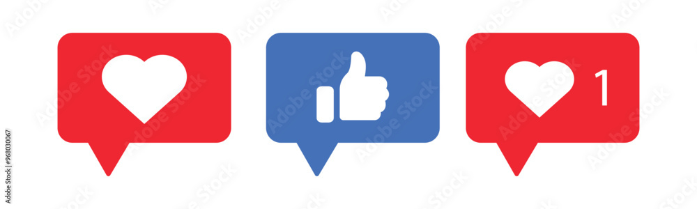 Thumbs up and heart flat icon in modern speech bubble shapes, Social media notification icon Thumbs up and heart flat icon in modern speech bubble shapes, Social media notification icon