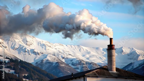 Chimney emits smoke against a backdrop of snowy mountains. photo