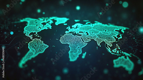 Digital world map illuminated with glowing teal binary code, representing global technology, data flow, and interconnectedness on a dark background with floating particles photo