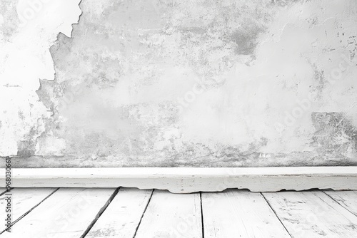The textured concrete wall meets the weathered wooden floor, exuding a rustic charm perfect for design projects or exhibitions