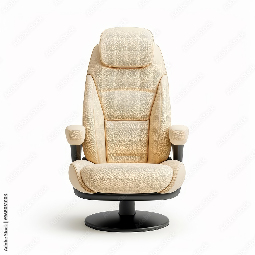 Naklejka premium Car seat with footrest, comfort element, realistic 3D render, reclining feature, isolated on white background.