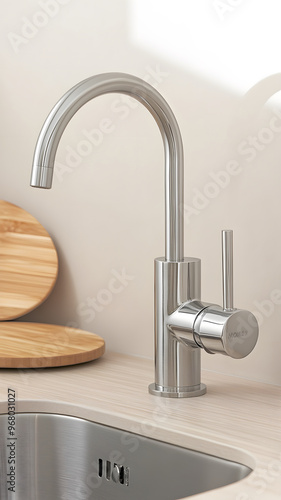 A Moen kitchen faucet with a curved handle, a wooden plate, and a stainless steel sink on a beige wall, captured in soft natural light. photo