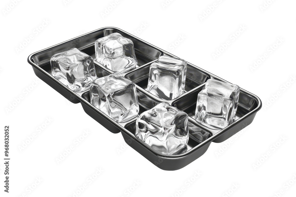 Close-up of a metal ice cube tray with six clear ice cubes in compartments, isolated on a transparent background. Close-up of a metal ice cube tray with six clear ice cubes in compartments, isolated on a transparent background.