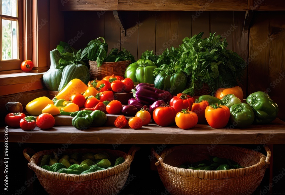 vibrant fresh produce displayed neat organized kitchen space colorful vegetables fruits, arrangement, herbs, countertop, ingredients, bowls, cutting, board vibrant fresh produce displayed neat organized kitchen space colorful vegetables fruits, arrangement, herbs, countertop, ingredients, bowls, cutting, board