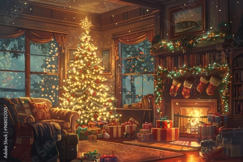 A cozy living room decorated for Christmas features a warm fireplace and a beautifully adorned Christmas tree, creating a festive and inviting holiday atmosphere