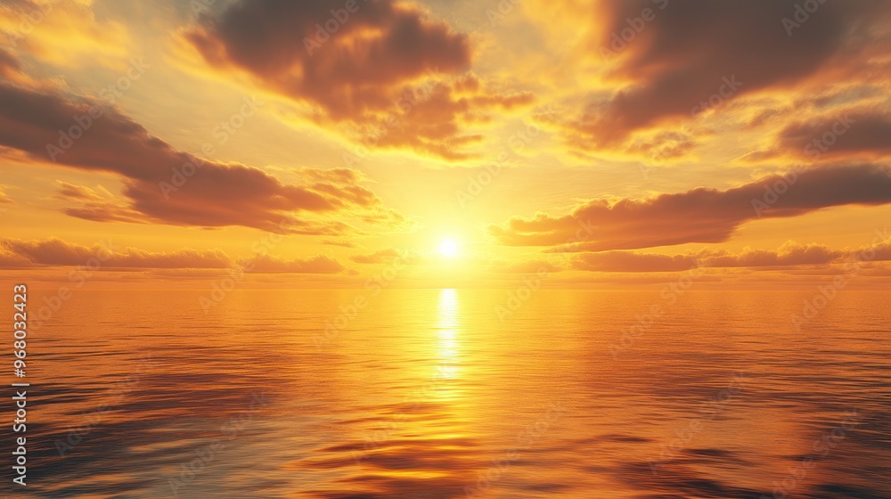 Stunning Golden Sunset Over Calm Ocean Waters with Reflective Clouds, Peaceful Evening Seascape Stunning Golden Sunset Over Calm Ocean Waters with Reflective Clouds, Peaceful Evening Seascape