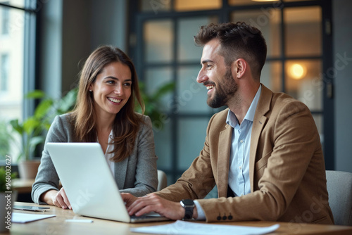 Two busy happy professional business man and woman executive leaders team using laptop working on computer at work desk having conversation on financial project at meeting in office
