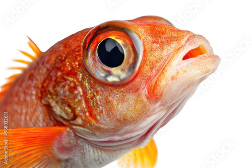 Close-up of a vibrant orange fish with detailed scales and large eye, isolated on a transparent background. Perfect for marine life or aquarium themes. photo