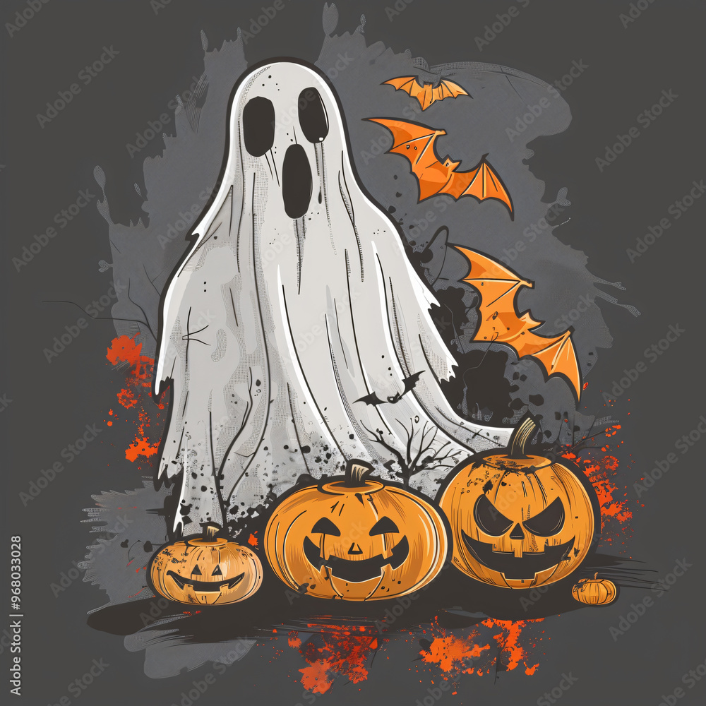 Creepy halloween ghost with pumpkins and bats Creepy halloween ghost with pumpkins and bats