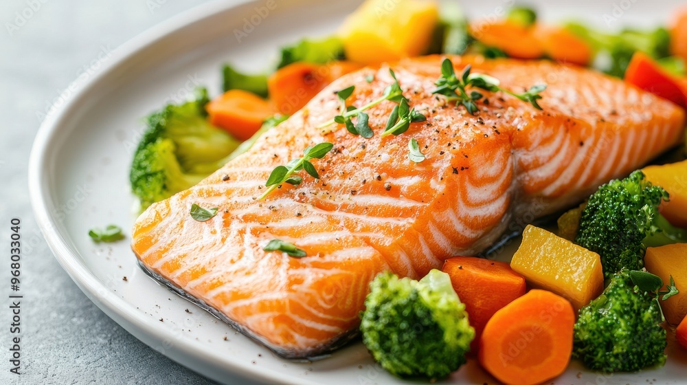 Fresh Grilled Salmon Fillet with Steamed Vegetables and Herbs on a White Plate Fresh Grilled Salmon Fillet with Steamed Vegetables and Herbs on a White Plate