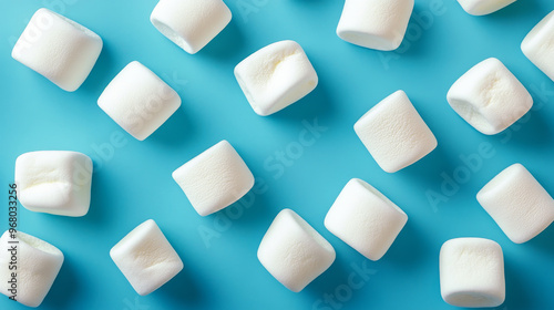 Soft, white marshmallows arranged on a blue background. The image has a colorful, artistic feel.