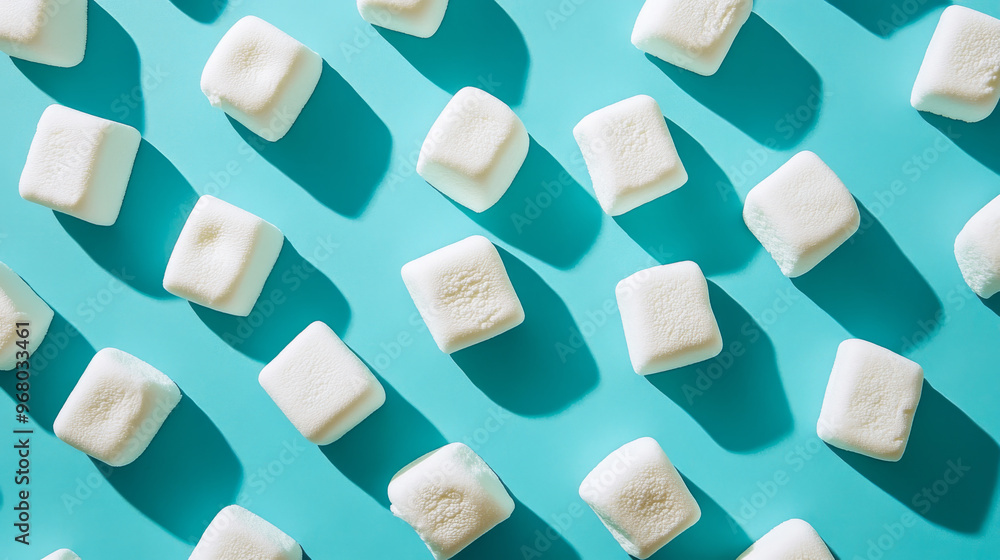 Soft, white marshmallows arranged on a blue background. The image has a colorful, artistic feel. Soft, white marshmallows arranged on a blue background. The image has a colorful, artistic feel.