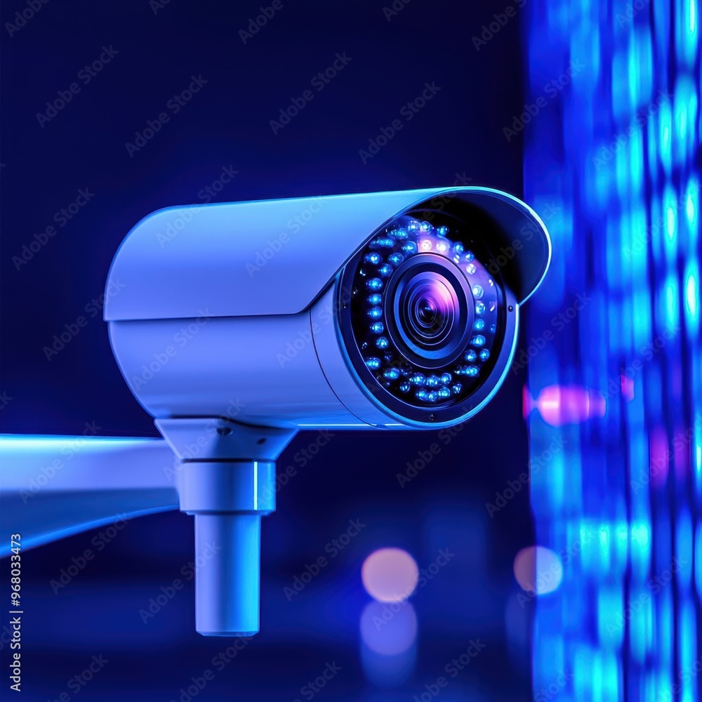 A close-up of a modern security camera with vibrant blue lighting, symbolizing surveillance and protection. 3D A close-up of a modern security camera with vibrant blue lighting, symbolizing surveillance and protection. 3D