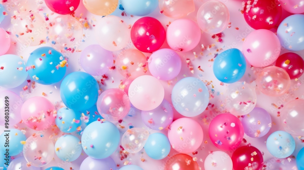 Colorful birthday party flat lay with balloons, confetti, and party decorations for celebration theme
Colorful birthday party flat lay with balloons, confetti, and party decorations for celebration theme