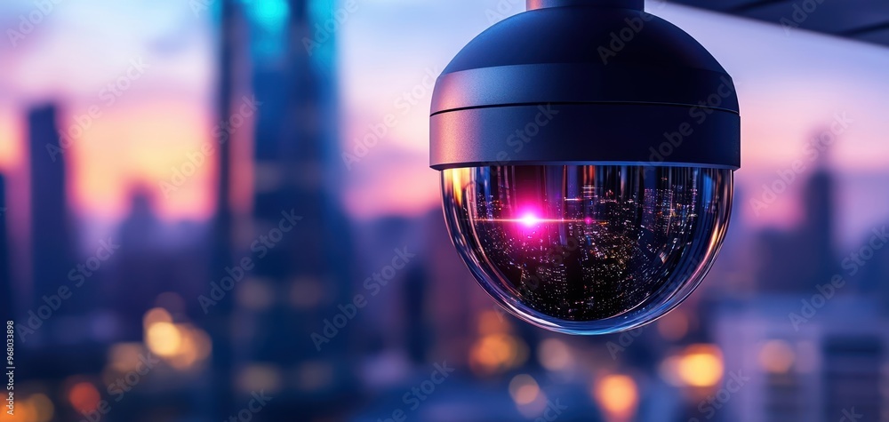 Close-up of a surveillance camera with a vibrant cityscape in the background during sunset, highlighting security and technology. 3D Close-up of a surveillance camera with a vibrant cityscape in the background during sunset, highlighting security and technology. 3D