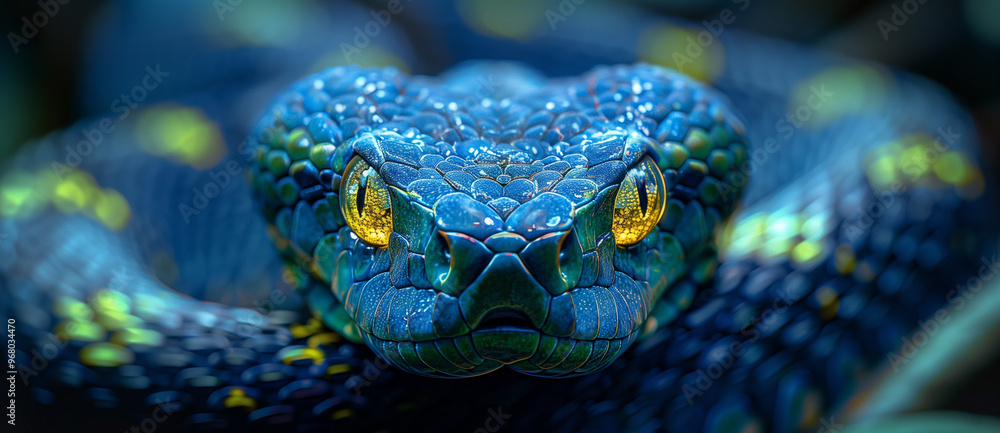 Fototapeta premium close up photo of big blue snake with yellow eyes.