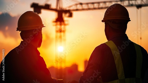 Two construction workers wearing hard hats and vests stand in a forest.