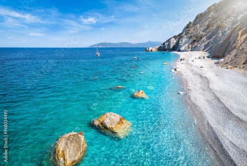 Fototapeta Naklejka Na Ścianę i Meble -  Panoramic aerial view of the beautiful beach of Lalaria at Skiathos island, Sporades, Greece