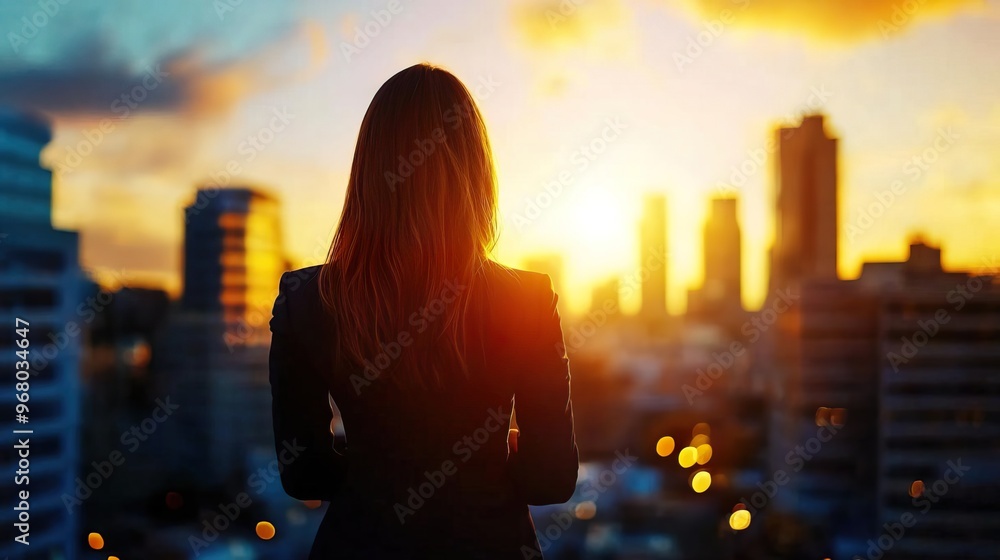Silhouette of a woman looking at the city skyline at sunset. Silhouette of a woman looking at the city skyline at sunset.