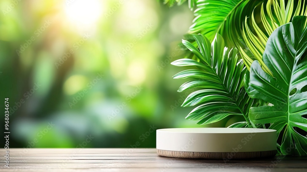 Green podium with tropical leaves and bokeh background, perfect for product display. Green podium with tropical leaves and bokeh background, perfect for product display.
