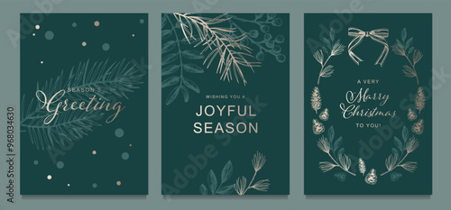 Christmas greeting cards with botanical illustrations and holiday messages on dark green background. Holiday card design for greeting, invitation, postcard. Flat lay composition.