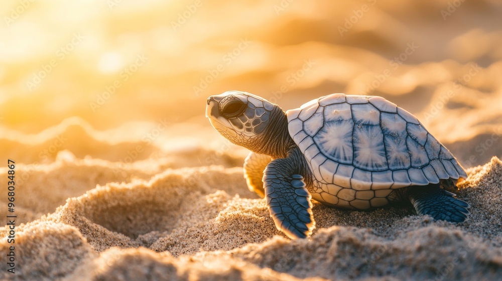 Obraz premium An adorable baby sea turtle makes its way across the sandy beach under the warm glow of the setting sun at twilight