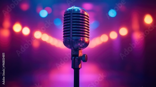 Vintage Microphone On Stage With Colorful Lights