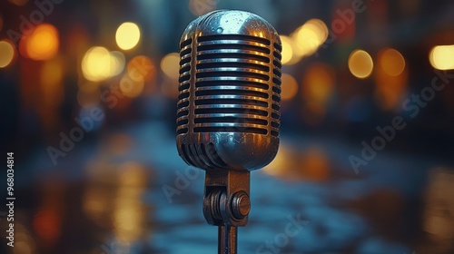 Vintage Microphone on Stage with Bokeh Lights