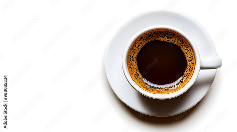 Obraz premium A cup of coffee centered in the image, viewed from the top, with a deep white background.