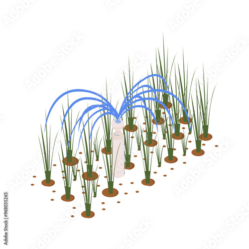 irrigation sprinkler in field isometric concept, overhead shower or Spray watering vector icon design, Lawn Gardening symbol, Farm and Plant sign, agriculture and horticulture equipment illustration