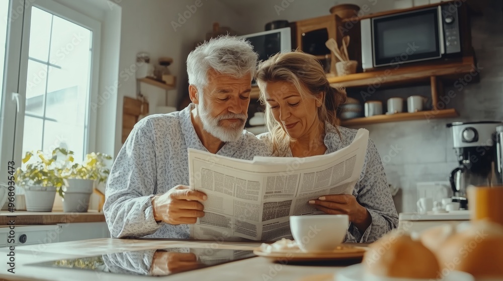 Elderly couple enjoying breakfast together while reading the newspaper in a cozy, modern kitchen in the morning Elderly couple enjoying breakfast together while reading the newspaper in a cozy, modern kitchen in the morning