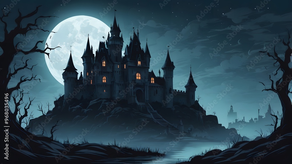 A haunted castle bathed in moonlight. Dark, gloomy atmosphere, eerie details perfect for Halloween A haunted castle bathed in moonlight. Dark, gloomy atmosphere, eerie details perfect for Halloween