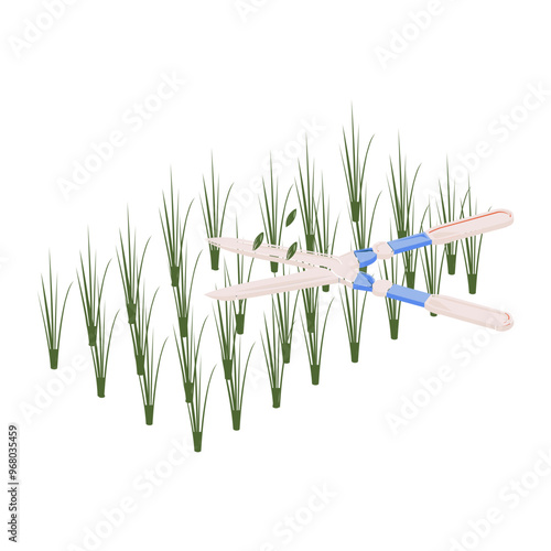 shears cutting shrubs from form field isometric concept, secateurs vector icon design, Lawn and Gardening symbol, Farm and Plant sign, agriculture and horticulture equipment stock illustration