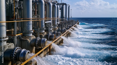 Industrial Desalination Plant Processing Saltwater into Freshwater along the Coastline photo