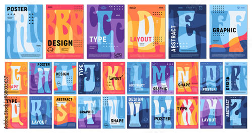 Psychedelic y2k groovy alphabet typography book covers, poster templates layout. Vector abc characters in hippie acid style. Retro-futuristic font, typeface letters with rounded, curvy flowing shapes