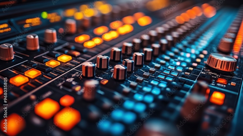 Close-up of an Audio Mixing Console with Illuminated Buttons and Knobs Close-up of an Audio Mixing Console with Illuminated Buttons and Knobs