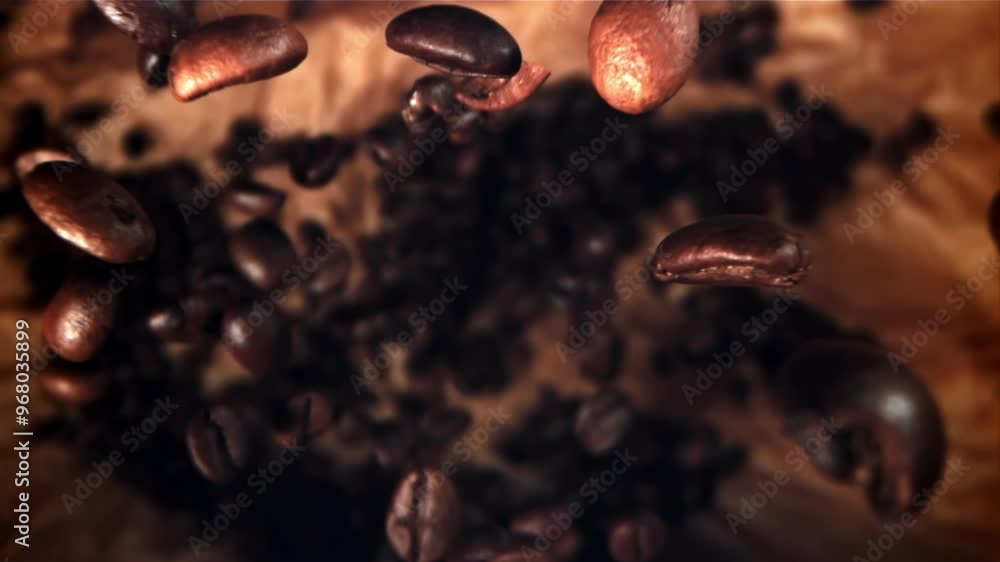 Coffee beans are falling. Macro shot. Filmed on a high-speed camera at 1000 fps. High quality FullHD footage Coffee beans are falling. Macro shot. Filmed on a high-speed camera at 1000 fps. High quality FullHD footage