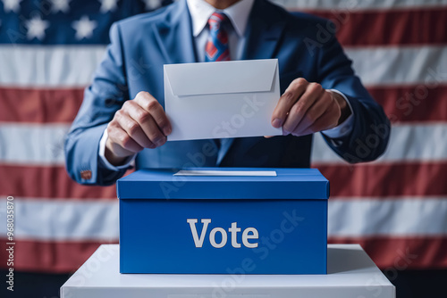 A person is putting a piece of paper into a voting box.