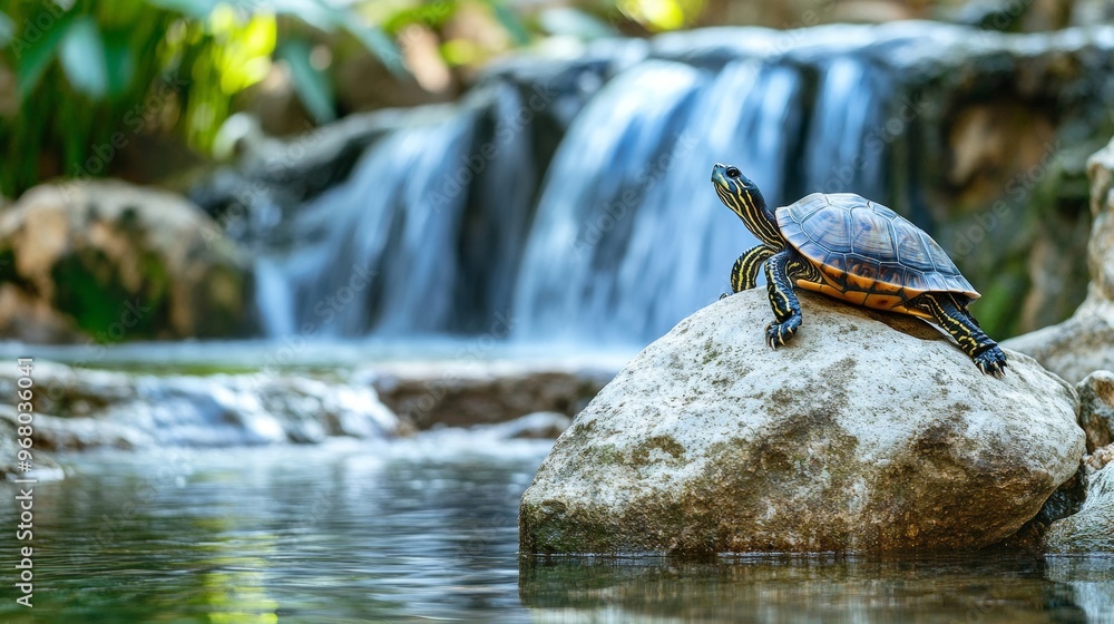 Obraz premium A Red-Eared Slider Turtle Resting on a Stone in a Beautiful Pond with a Serene Waterfall in the Background