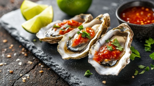 Elegant Presentation of Fresh Oysters Served with Tangy Mignonette Sauce and Zesty Lime Wedges on a Black Stone Plate photo