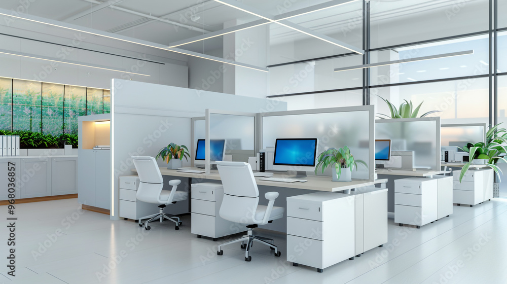 Modernist minimalist office setup with multiple workstations. Features include smart media, semi-private glass partitions, and adjustable materials and components. Office chairs for sitting a Modernist minimalist office setup with multiple workstations. Features include smart media, semi-private glass partitions, and adjustable materials and components. Office chairs for sitting a
