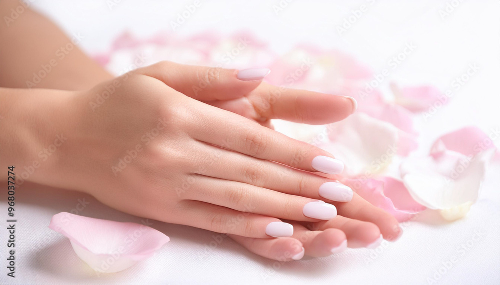 Naklejka premium Beautiful Woman Hands. Female Hands Applying Cream, Lotion. Spa and Manicure concept. Female hands with french manicure. Soft skin, skincare concept. Hand Skin Care