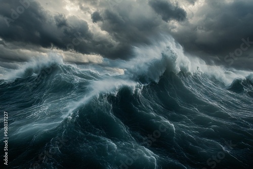 Dramatic Stormy Ocean with Powerful Crashing Waves Under Ominous Sky