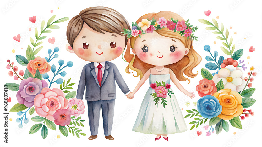 Happy Couple Illustration, Two Men, Girl and Boy Standing on a Summer Valley, Digital Artwork Happy Couple Illustration, Two Men, Girl and Boy Standing on a Summer Valley, Digital Artwork