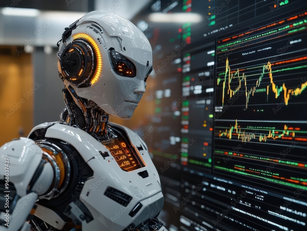 A futuristic robot standing in front of a screen displaying data and graphs. A futuristic robot standing in front of a screen displaying data and graphs.