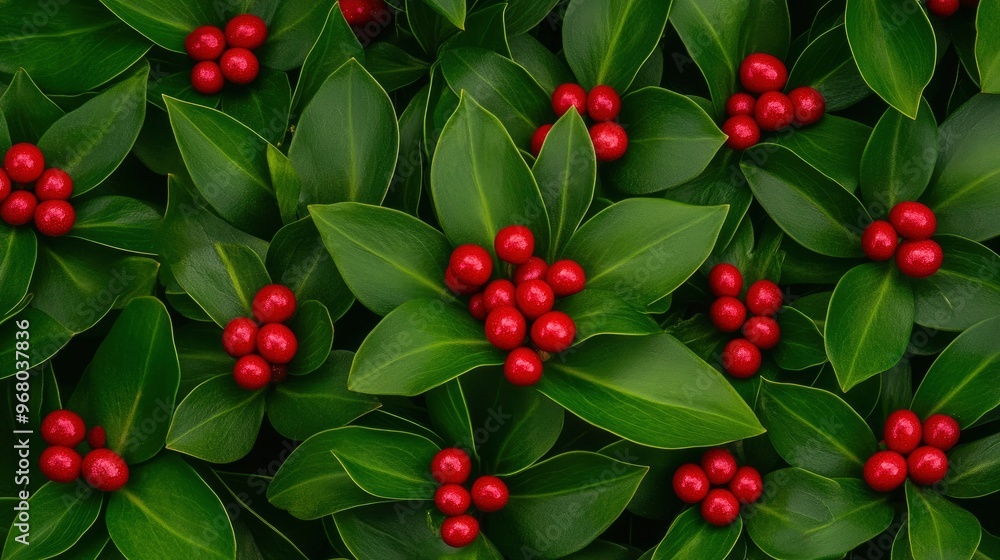 Fototapeta premium Vibrant Red Berries and Green Leaves Background