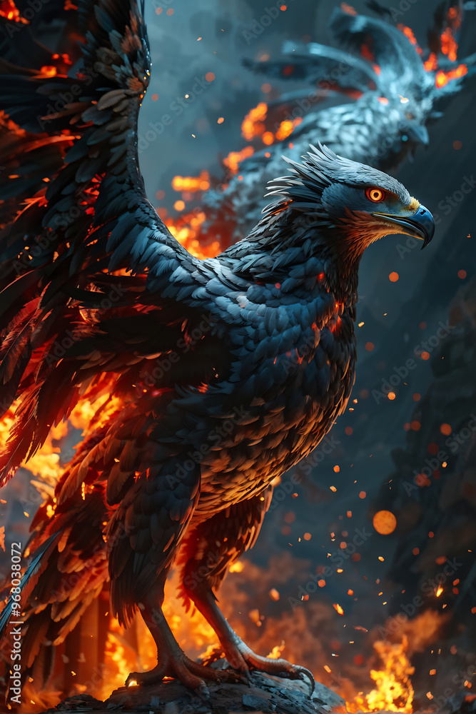Fototapeta premium Phoenix rising from the ashes, glowing body on a dark background