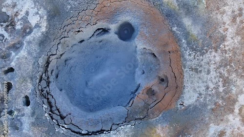 Aerial view of sulfuric smokers hot springs with steam and cracked earth, Namafjall Hverir, Iceland. photo